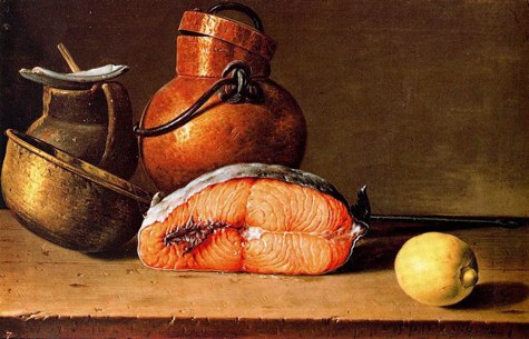 メレンデス「鮭、レモン、三つの器のある静物」